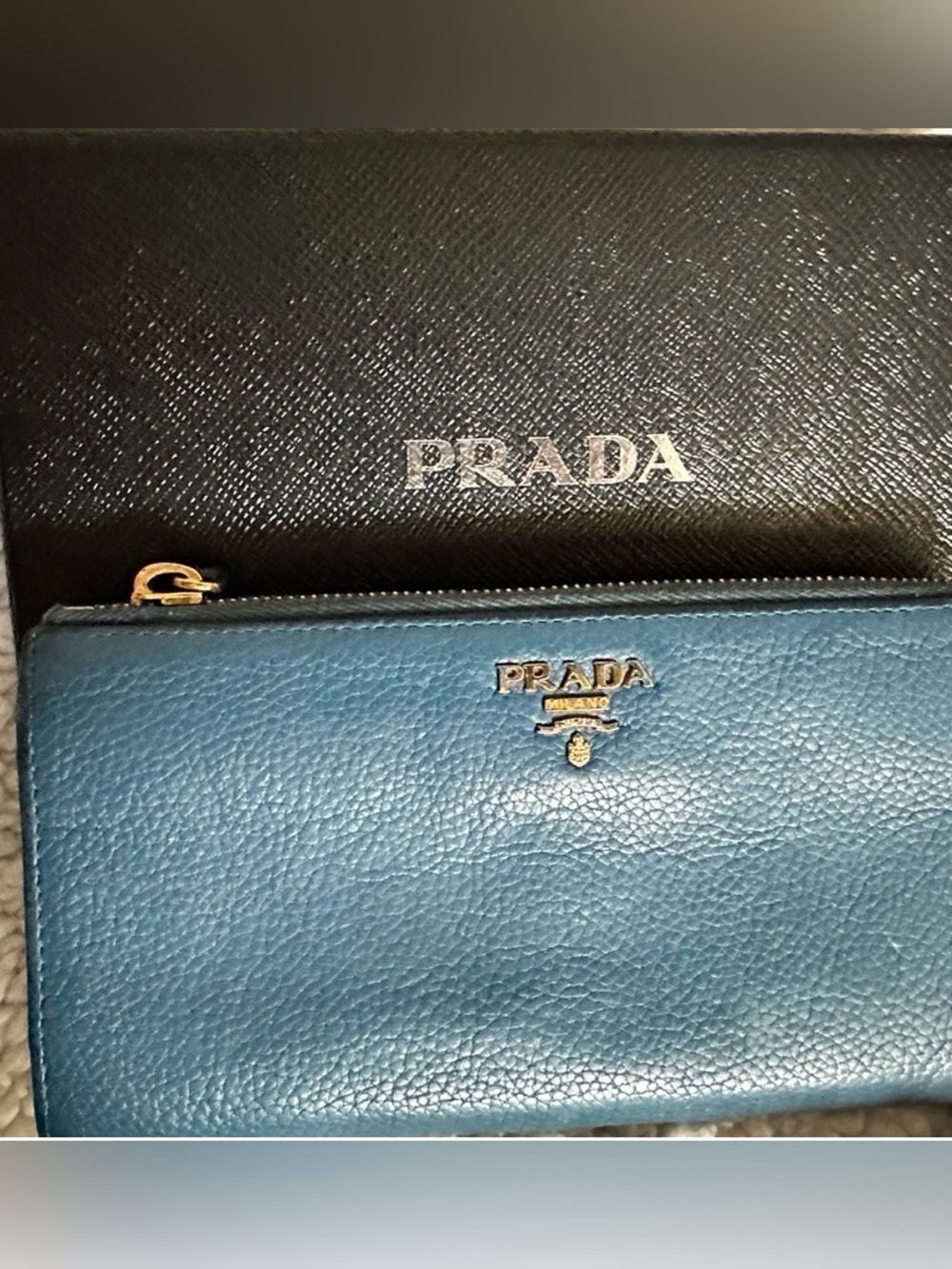 Prada Teal Leather Zip Wallet with Gold Logo with Box VGUC